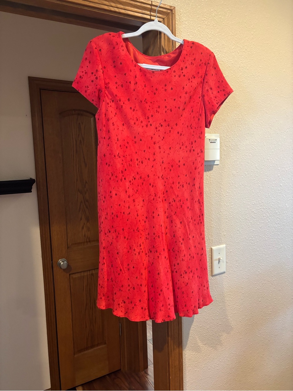 karin stevens Bright Coral Short-Sleeve A-Line Dress with Subtle Black Motif